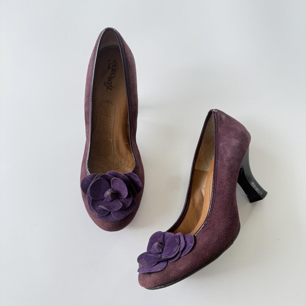 Eurosoft Heel Shoes Womens Size 7 Purple Suede Flower Spool Round Toe Pump